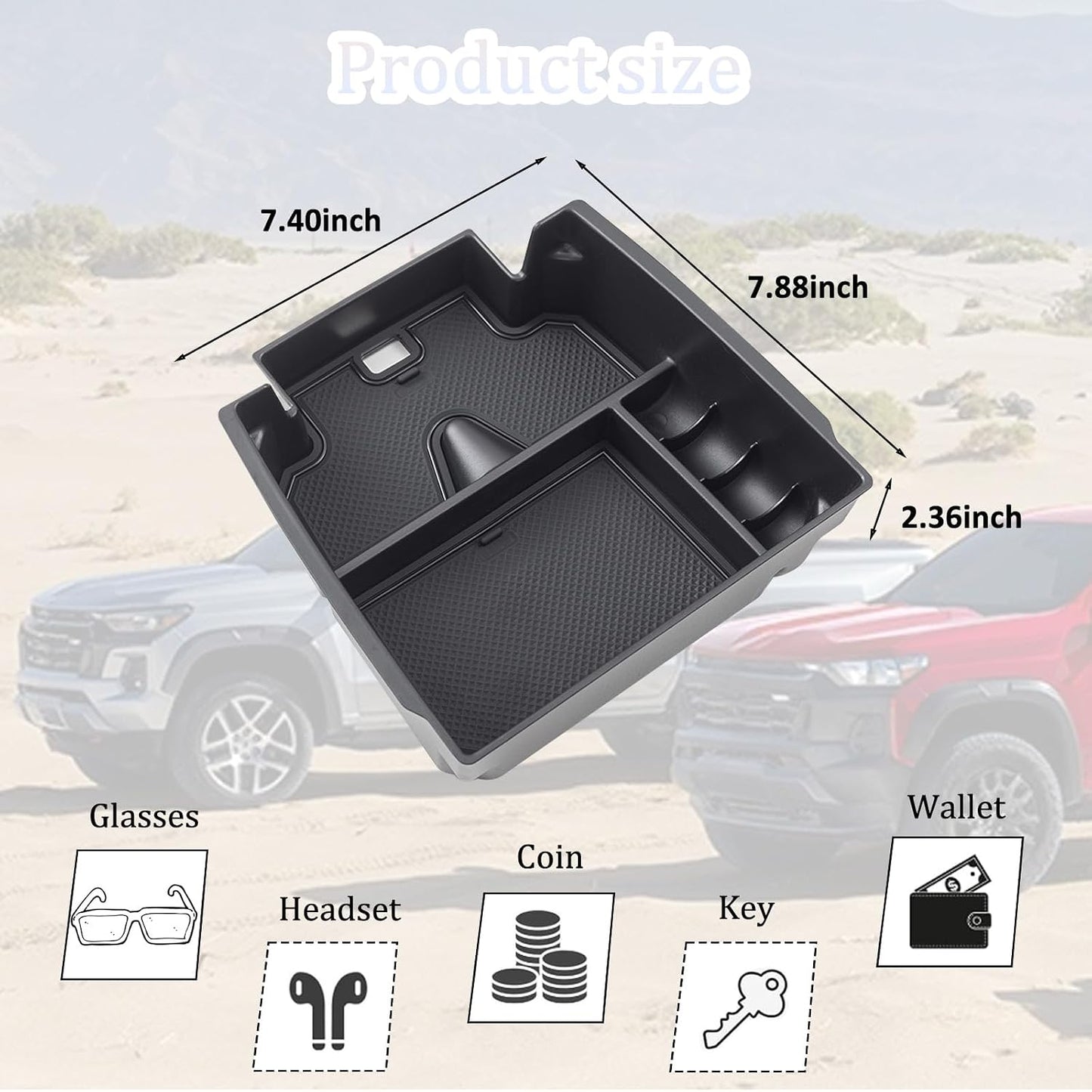 JDMCAR Center Console Organizer Compatible with 2023 2024 2025 2026 Chevy Colorado/GMC Canyon Accessories, Coin Container Armrest Secondary Storage Box with Non-Slip Silicone Mat (Black Trim)