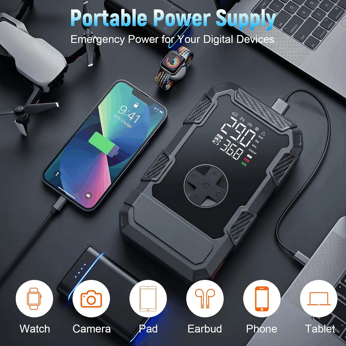 4000A Car Jumper Starter Portable with Air Compressor, 12V Battery Jump Starter with Tire Pump 150PSI for 10L Gas Diesel Engines, Battery Jumper Box Pack Combo with LED Light, Car Accessories Gift