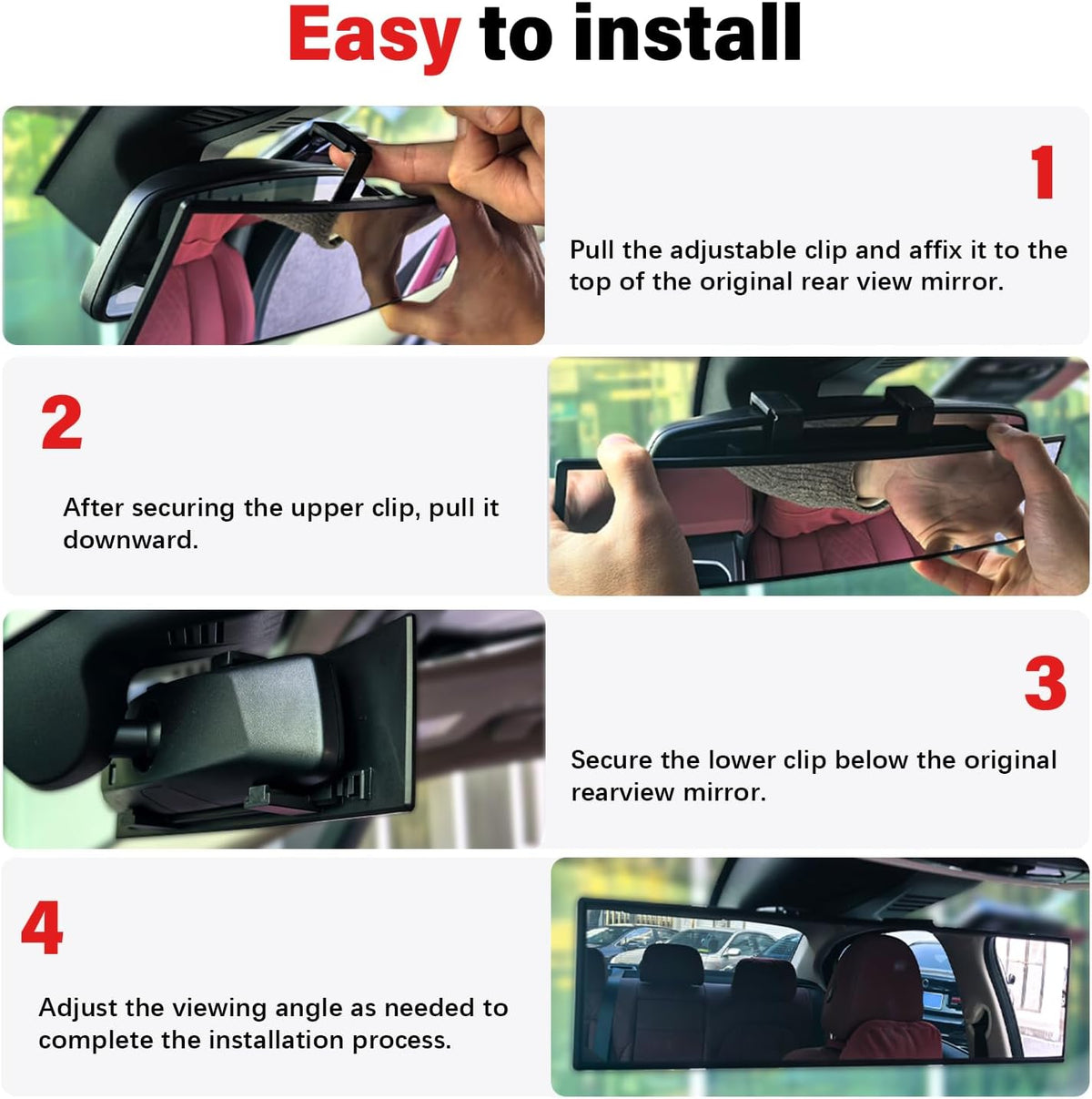 Rear View Mirror - Chrome Anti-Glare Panoramic Rearview Mirror 12 Inch Clip-On Convex Rearview Mirror, Reduces Blind Spots, HD Wide Angle,Shock Resistant for Cars, Trucks & SUVs (Light Chrome)