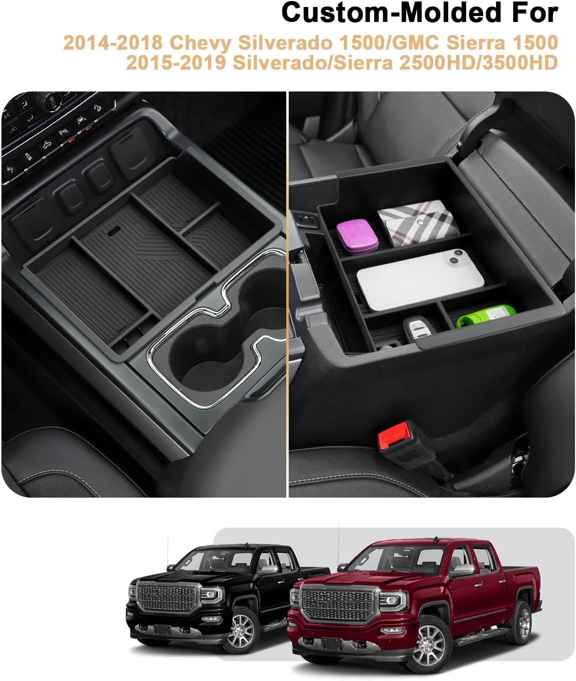 Center Console Organizer For 2014-2018 Silverado/Sierra 1500 - 2 Pcs Console Organizer Tray + Armrest Organizer 2015-2019 Silverado/Sierra 2500HD/3500HD Accessories - Full Console w/Bucket Seat ONLY