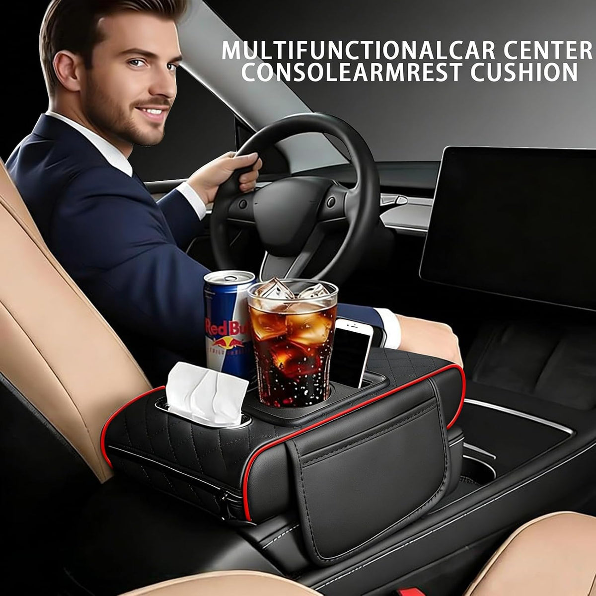 Leather Car Armrest Cover, 5-in-1 Console Cushion with Storage & Cup Holder