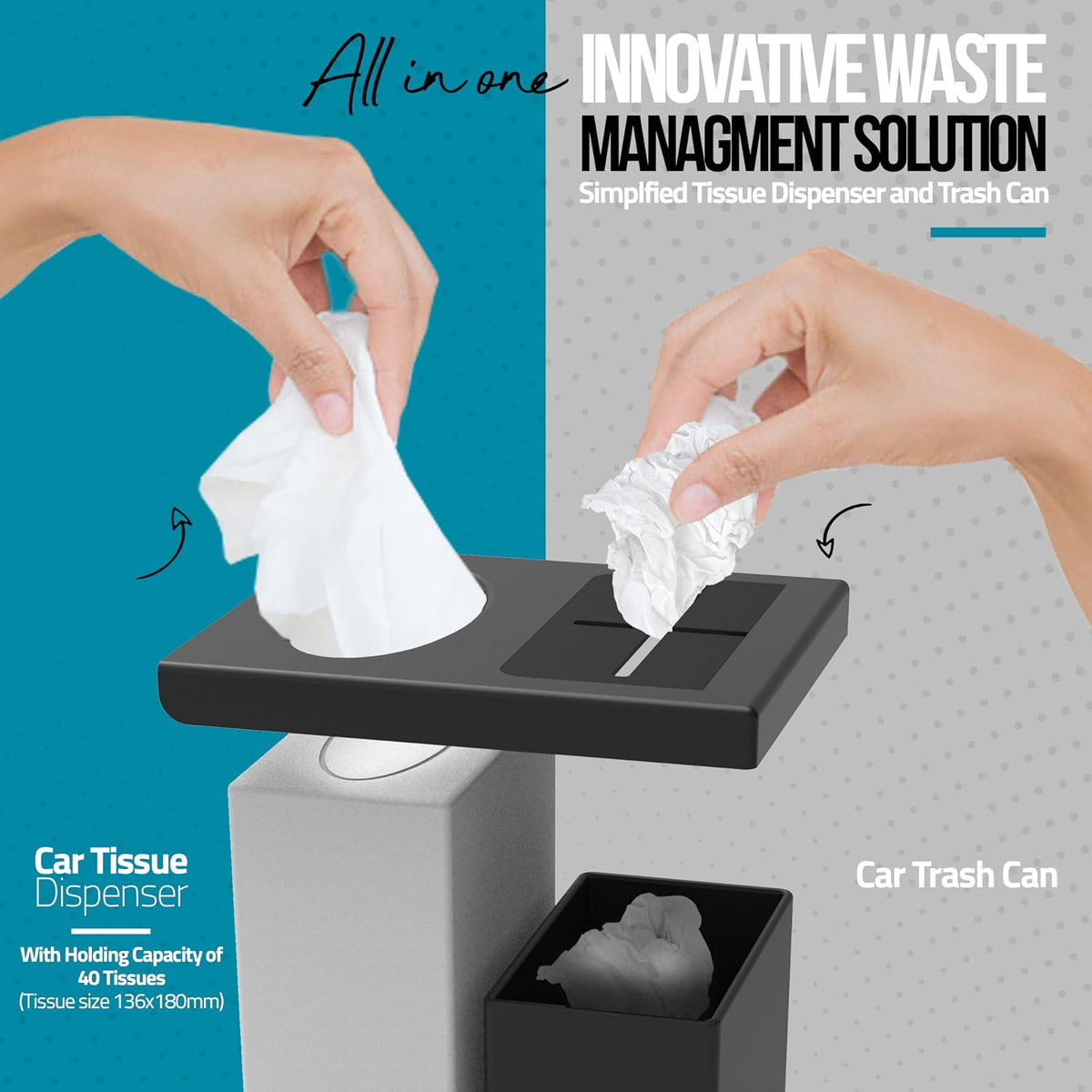 Superior Essentials 2 in 1 Car Tissue Box Holder and Mini Trash Can - Elegant Black