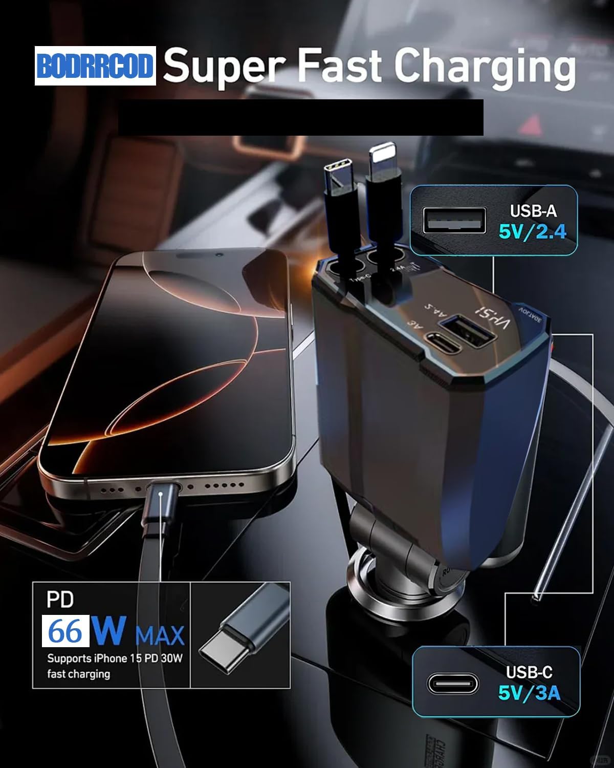 Retractable Car Charger, 4 in 1 Fast Car Charging USB C