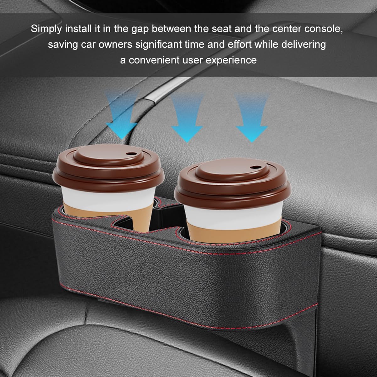 Car Seat Gap Filler Organizer, Multifunctional Auto Console Side Storage Box with Cup Holder, Universal PU Leather Cup Holder Front Seat Crevice Filler for Car Truck SUV (Black)