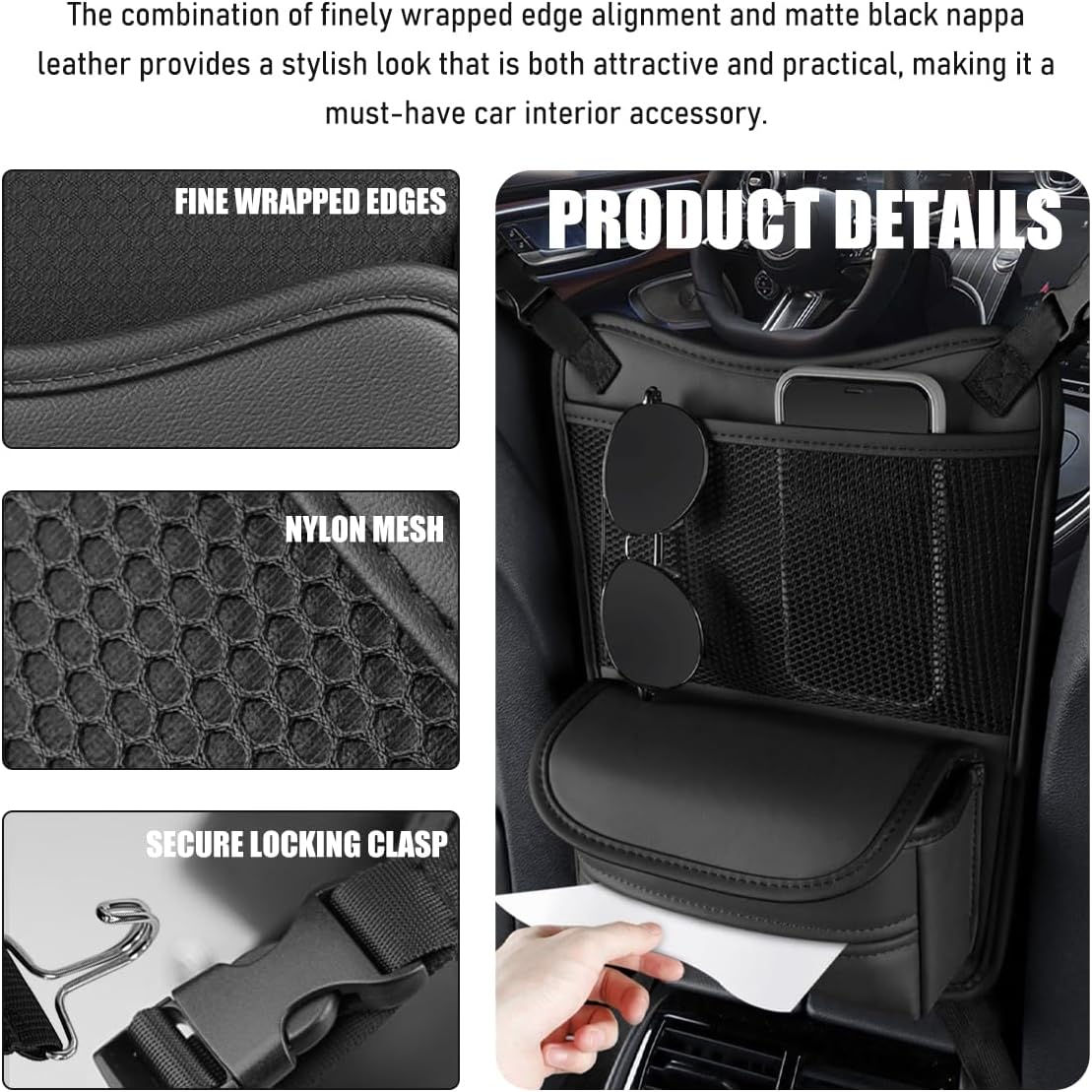 Car Organizer Storage Between Seats, Nappa Leather Front Seat Storage Bag with Tissue Holder, Automotive Console Hanging Net Pocket Handbag Holder for Phone Document (Black)