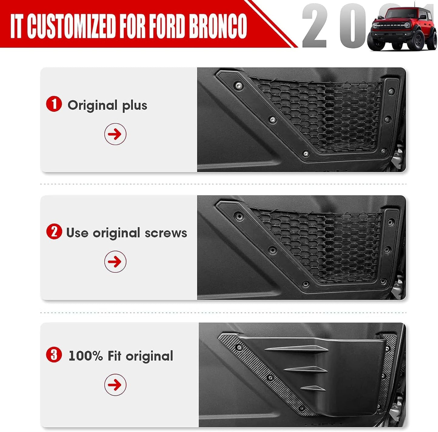 Mabett Front Door Storage Pockets for Ford Bronco Accessories 2026 2021-2025, Side Door Organizer Box fit Bronco 2/4-Door, Insert Cup Holder(2PCS)