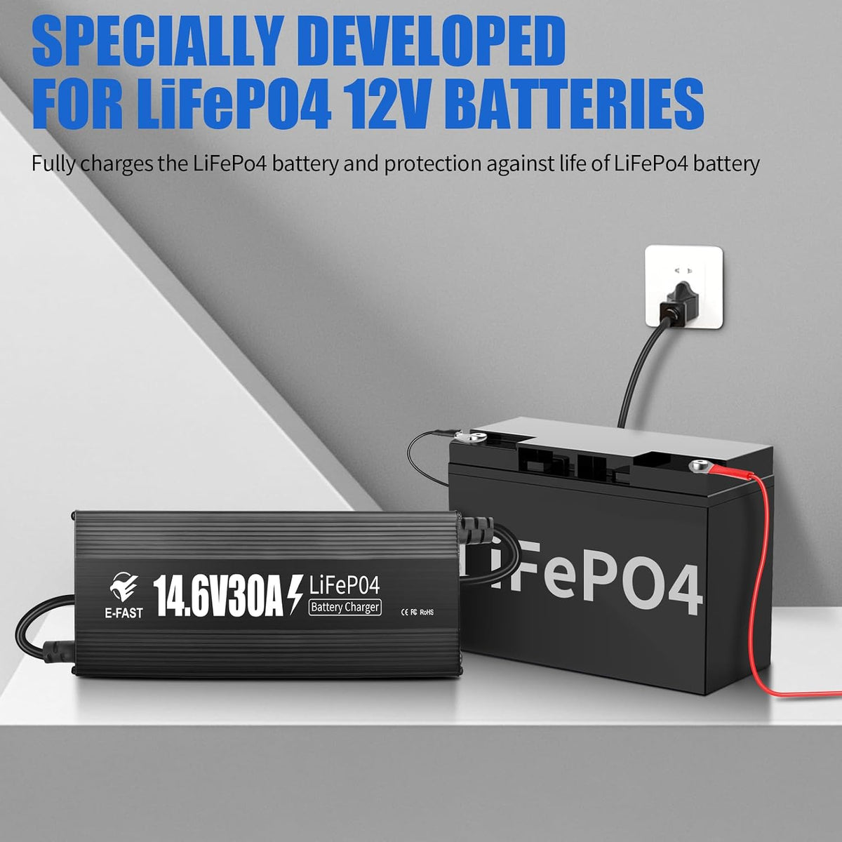 E-FAST 12V 30A Lithium Battery Charger, 14.6V LiFePO4 Battery Charger with Premium Aluminum Housing - 0V Activation for Golf Cart, RV, Marine, Boat, Trolling Motor - Includes Anderson Connector
