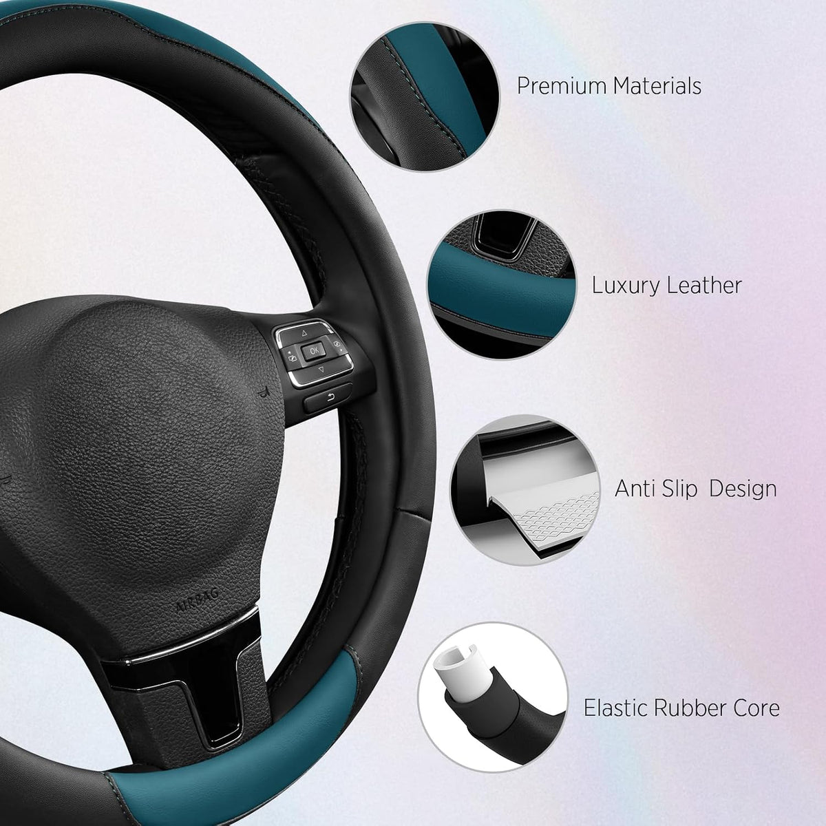 Road Comforts Steering Wheel Cover, Breathable Anti-Slip Leather Steering Wheel Cover, Universal Fit 14.5–15 Inch, Comfortable Grip - Blue Color