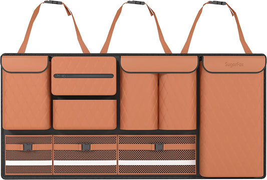 Backseat Hanging Organizer with Large Storage Bags | PU Leather, Large Capacity | Adjustable Straps, Waterproof & Collapsible | Universal Fit for SUVs, Sedans & Trucks | Brown, 37.8" x 18.1" - P810