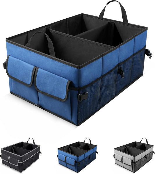 UYYE Auto Collapsible Trunk Organizer, 3 Large Compartments and 6 Pockets Durable for Cargo Storage, Easy to Storage Tools With Adjustable Securing Straps and Non-Slip Bottom for Car (Dark Blue)