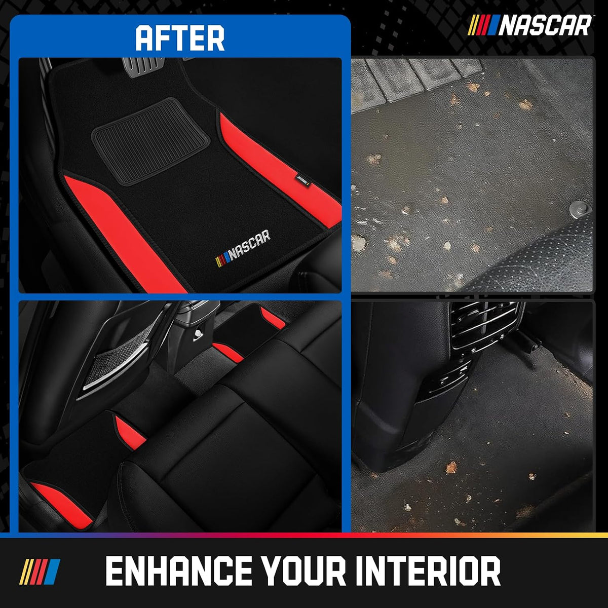 NASCAR Car Floor Mats, Carpet & Red Leather Design Car Mats, Universal-Fit All-Weather Car Floor Mats with Built-in Heel Pad & Anti-Slip Backing, Durable Odorless Automotive Interior Accessories