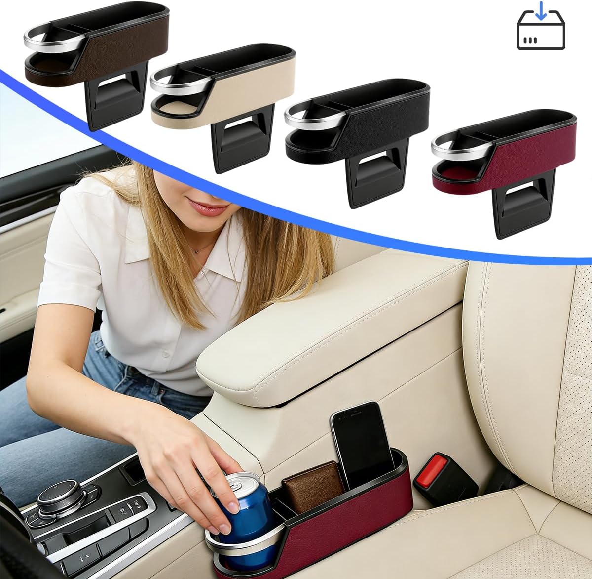 Car Seat Gap Filler Organizer, Leather Automotive Filler Plug Couch Organizer with Cup Holder, Vehicle Front Seat Side Gap Storage Box for Phone Sunglasses Keys, Universal Fit (Black)