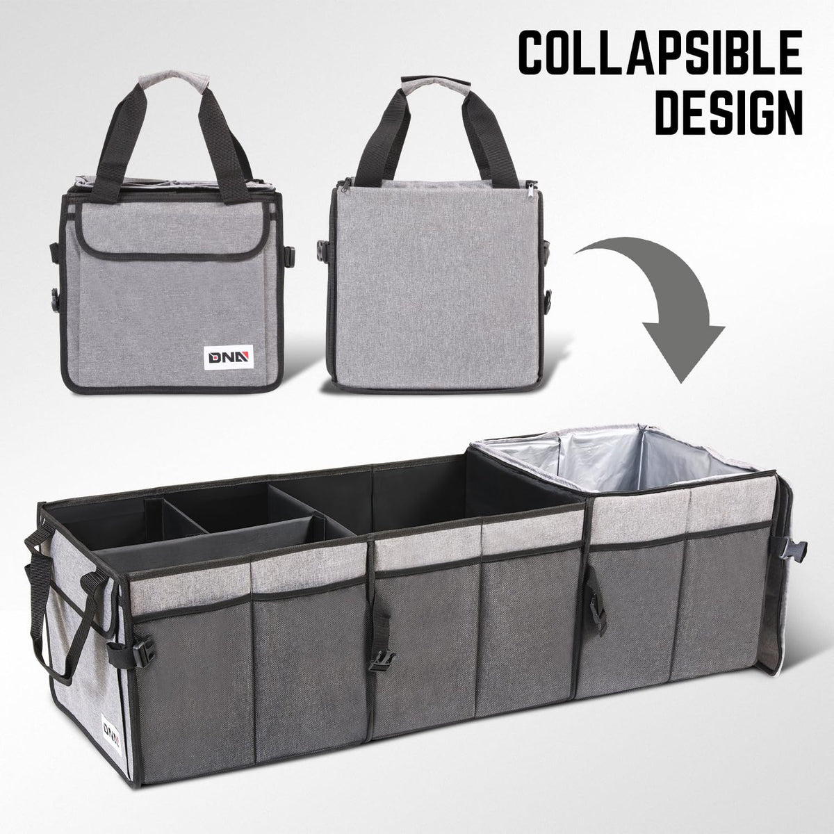 DNA Motoring Trunk Organizer for Car, 90L Large Capacity Foldable Trunk Organizer, Multi Compartment Car Trunk Organizer for Women Men, Grey, TOOLS-00421
