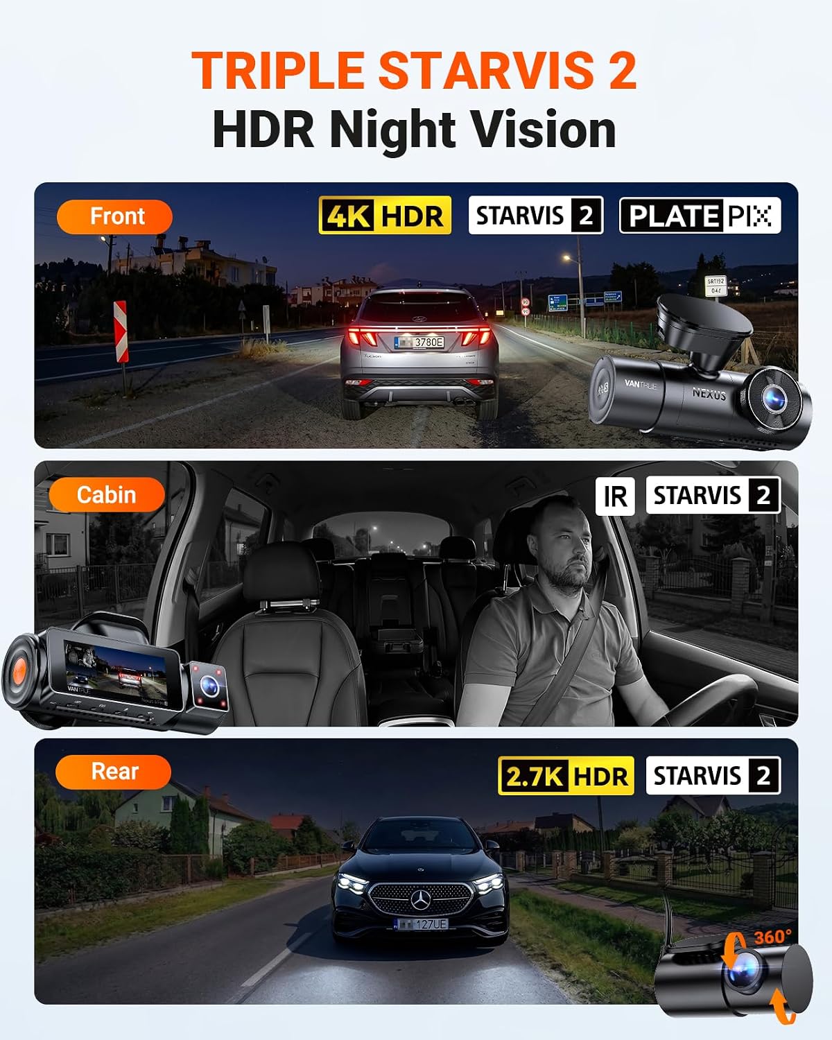 [Bundle-2 Items:N4 Pro S & GPS Suction Cup Mount] Vantrue New N4 Pro S 4K 3 Channel Dash Cam, Triple STARVIS 2 Dash Camera for Cars, 4K+1080P+2.5K Front and Rear Inside