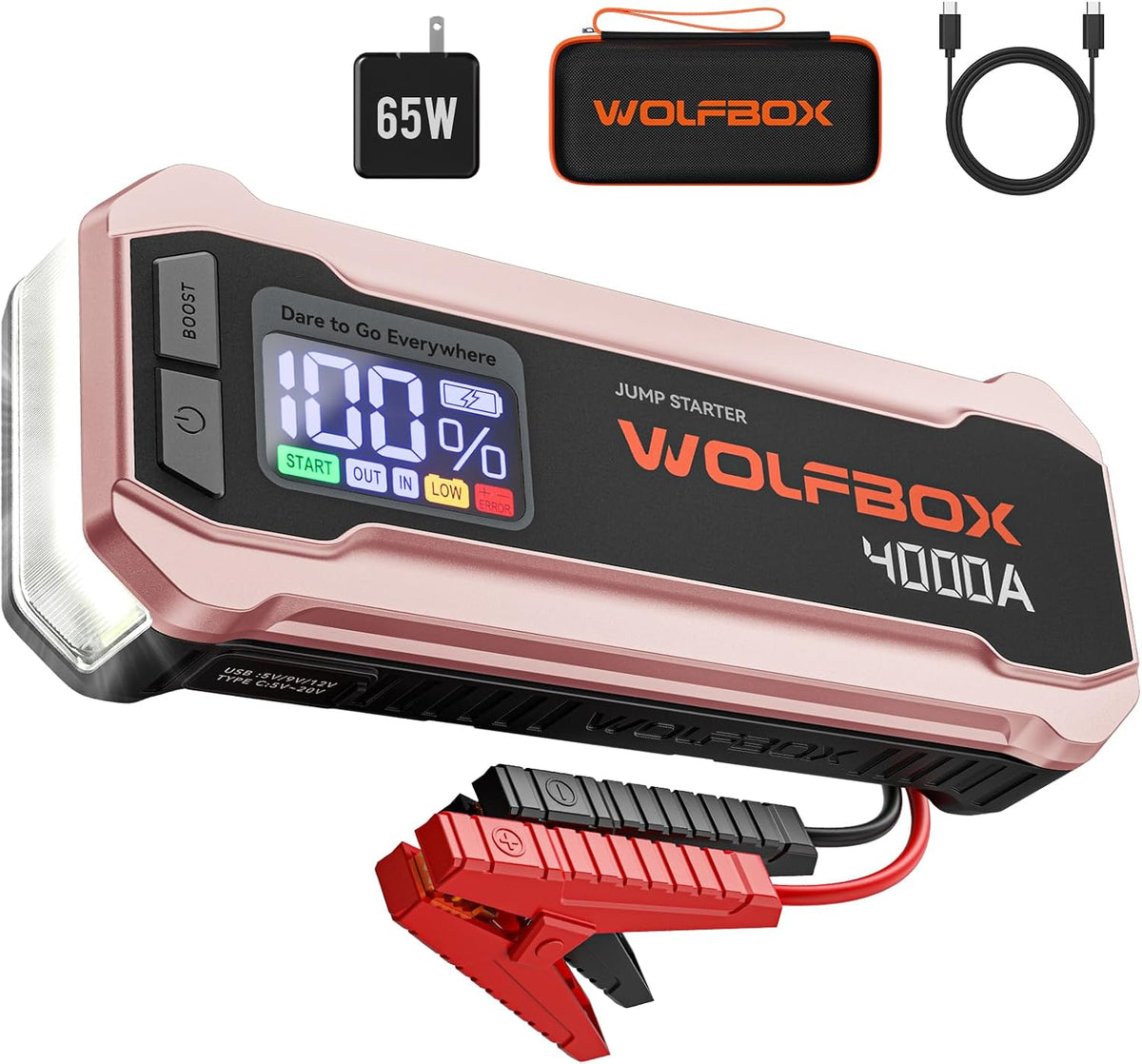 WOLFBOX 4000A Jump Starter,12V Pink Car Battery Jumper Starter Portable with 65W Quick Charger,88.8Wh Booster Jump Box Pack (10L Gas 10L Diesel Engine) with LED Light,Jumper Cables, Rose Gold