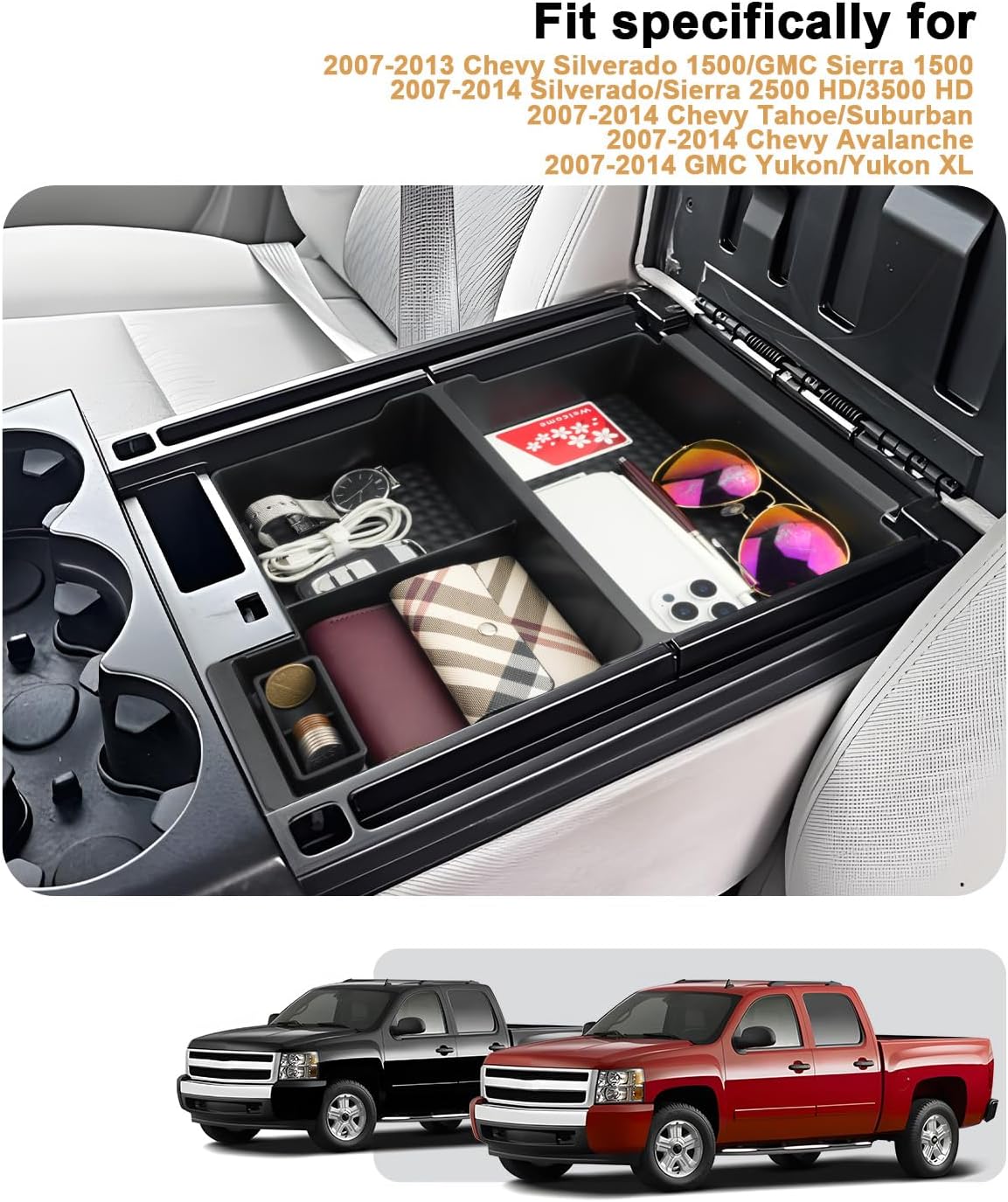 ECOZEN Center Console Organizer for 2007-2014 Chevy Silverado/GMC Sierra & Tahoe/Suburban/Avalanche/Yukon/Yukon XL Accessories - Armrest Box Organizer - Only Fit Split-Bench Front Seat/Jump Seats