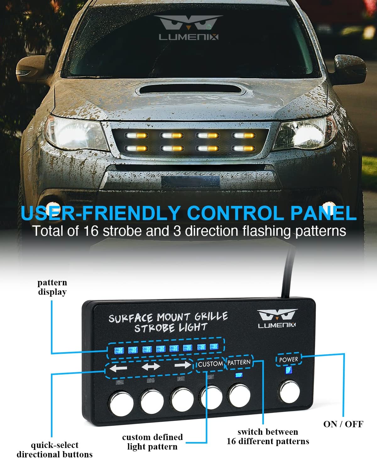 LUMENIX White Amber LED Surface Mount Strobe Flashing Lights Kit w/Controller 8PCS Grille Side Marker Emergency Warning Caution Light Assemblies for Construction Vehicles Trucks, Traffic| Sync Feature