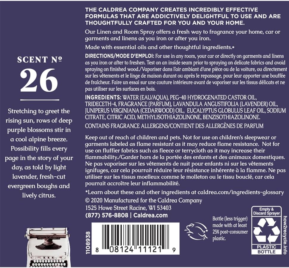 Caldrea Linen And Room Spray Air Freshener, Made With Essential Oils, Plant-Derived And Other Thoughtfully Chosen Ingredients, Lavender Cedar Leaf Scent, 16 Oz