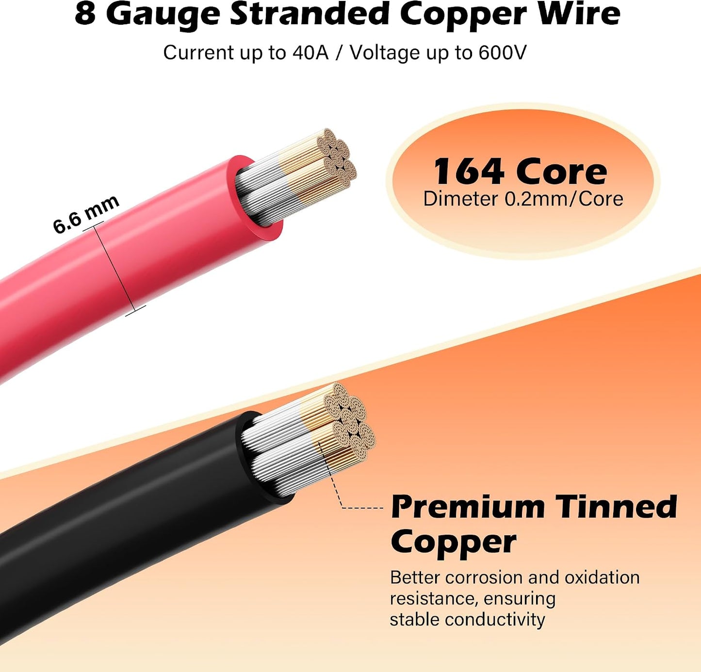 8 Gauge AWG Battery Power Inverter Cables 6 Ft Black+6 Ft Red, Tinned Copper Wire Set with 3/8 in Lugs Both Ends, Heavy Duty for Automotive Solar Marine Boat RV Car Motorcycle-UL-Outdoor