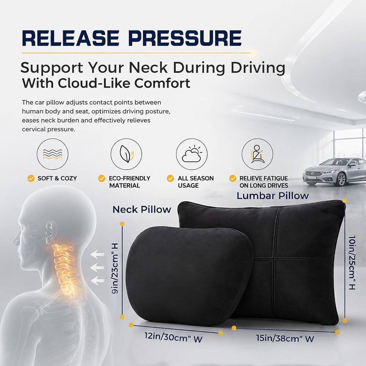 2 PCS Car Pillow for Driving Seat Soft Suede Headrest Neck & Lumbar Support