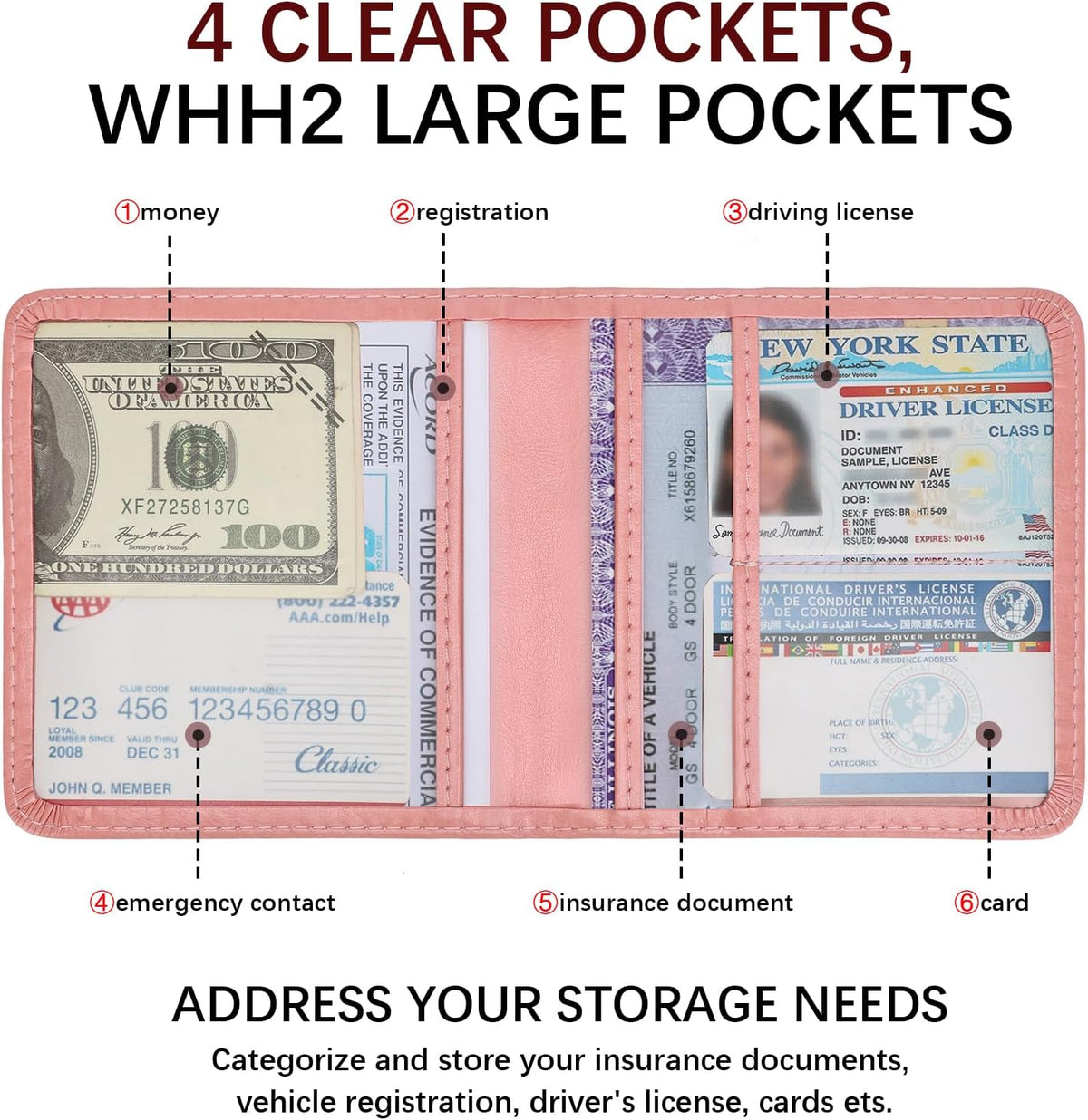 2-Pack Registration and Insurance Card Holder, Vehicle Glove Box Car Organizer with Magnetic Closure, Interior Pink Car Accessories for Documents, Cards, License Storage