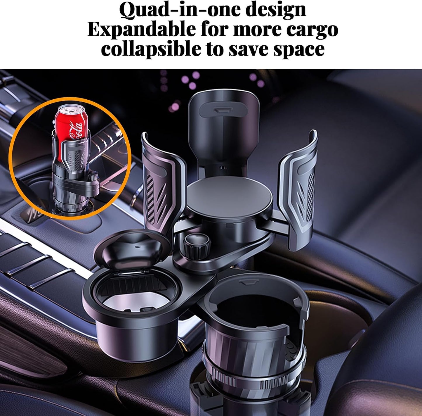 4-in-1 Car Cup Holder with Ash Tray - Adjustable Width, Rotating Base & Lock, Fits 6-10cm Car Slots, Holds Drinks, Fast Food, Bubble Tea (ABS & Zinc Steel)