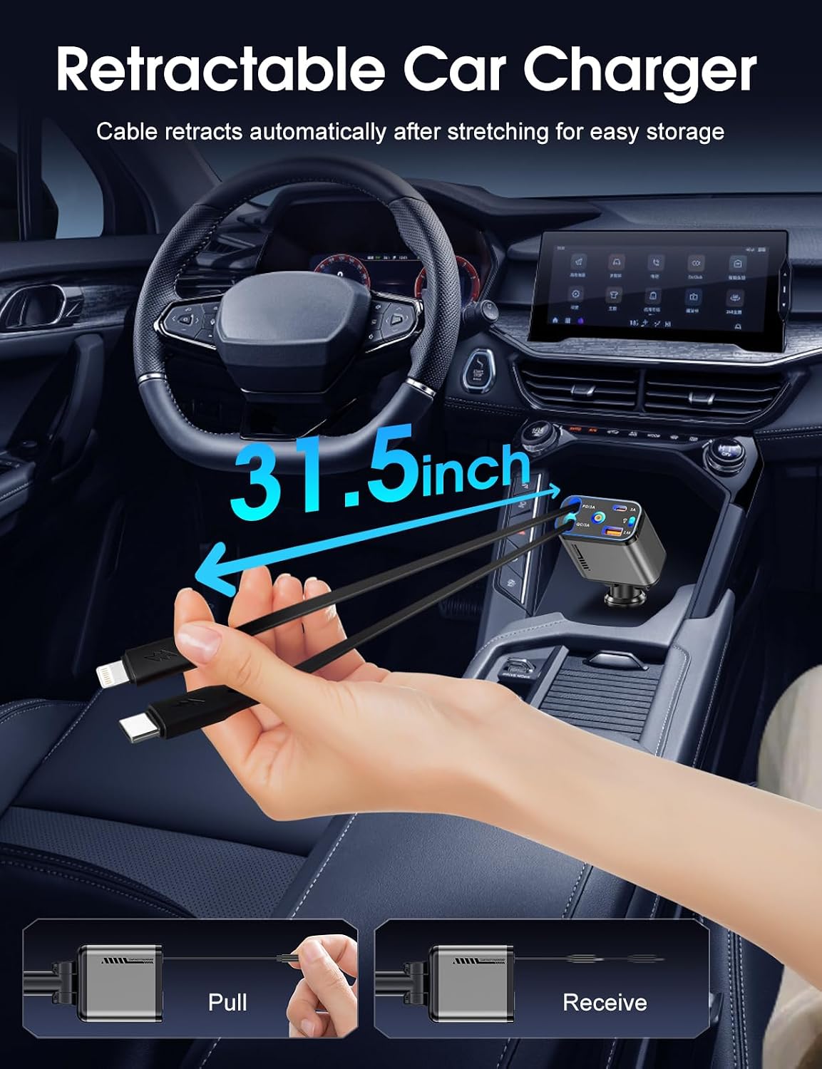 Retractable Car Charger 120W Fast Charging with Starlight,4 in 1 Universal Car Phone Charger,Built-in Type-C & Applehead Cable,Car Road Trip Retractable Accessory for iPhone,IPad,Samsung Galaxy,Pixel