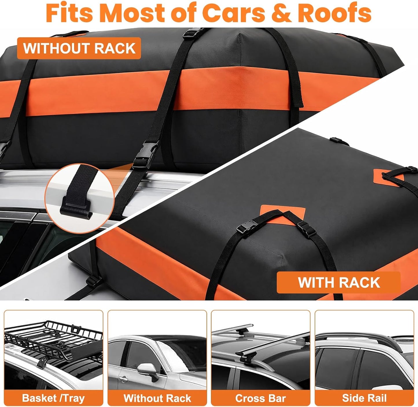 15 Cubic Feet Heavy Duty Waterproof Car Rooftop Cargo Carrier Bag | for All Vehicles with/without Rack, Includes Anti-Slip Mat, Reinforced Straps, Door Hooks, Storage &amp; Luggage Lock