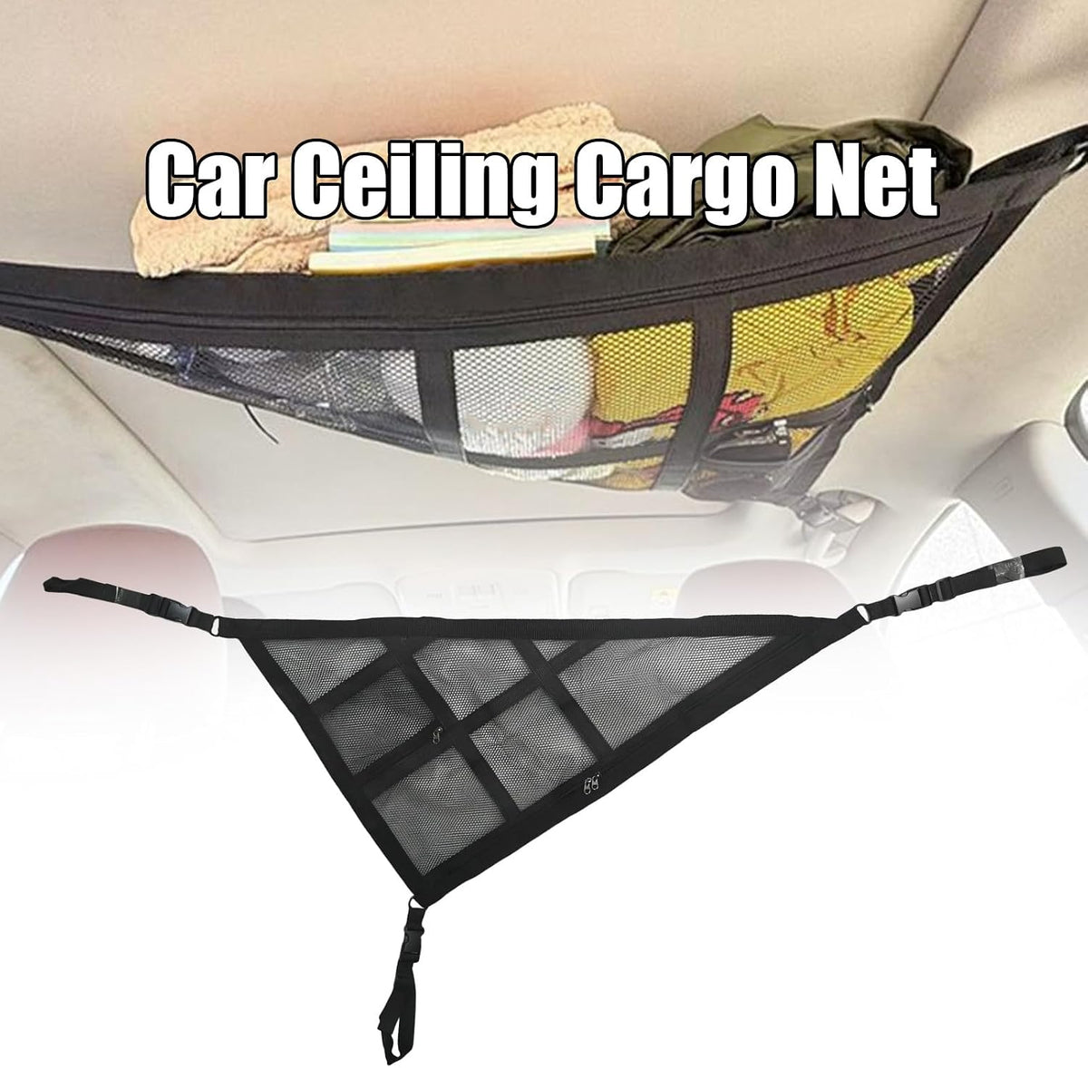 Car Ceiling Cargo Net, Double-Layer Roof Storage Organizer for 3-Handle and 4-Handle Vehicles, Ideal for Road Trips and Camping