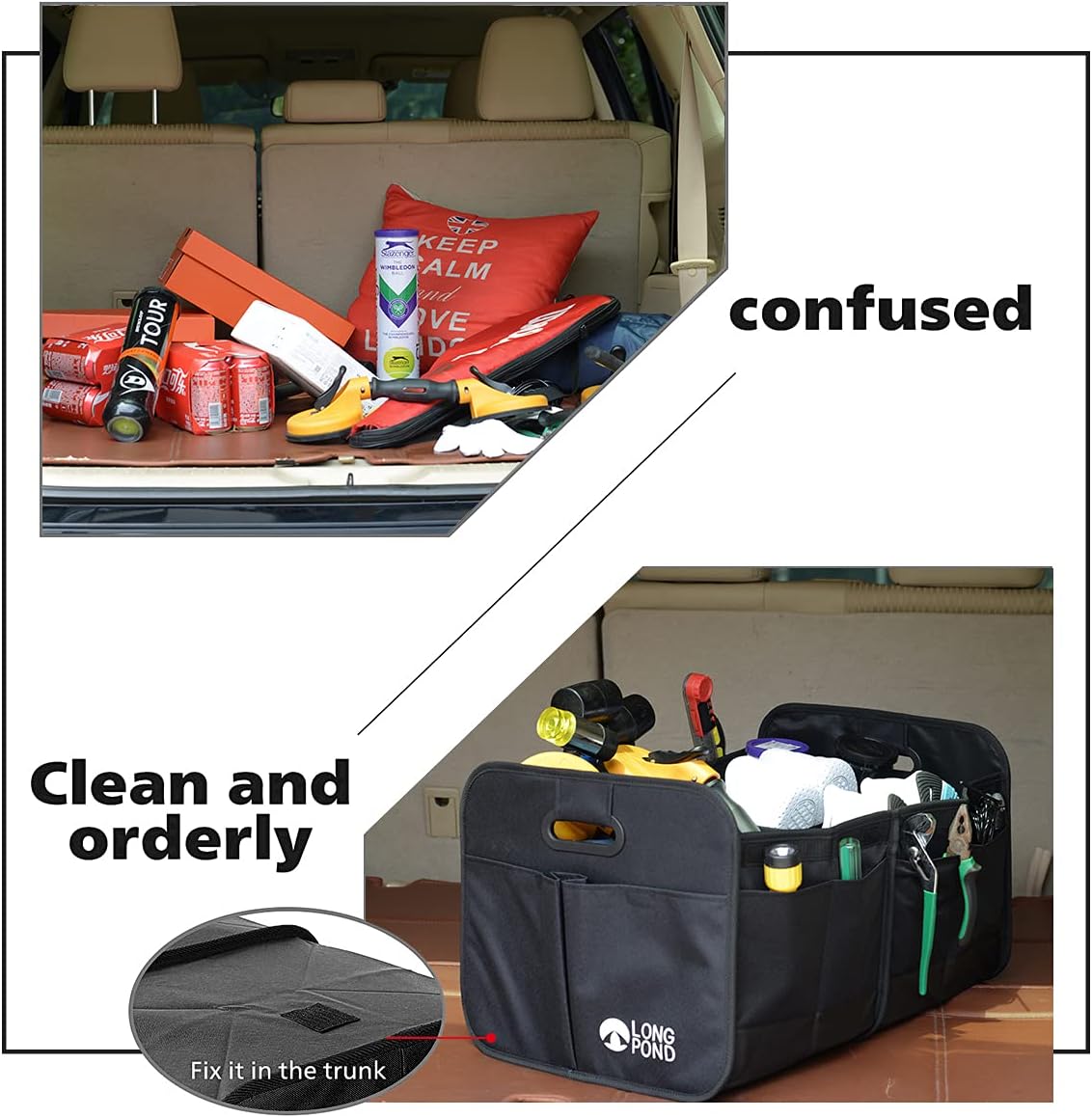 Long Pond Car Trunk Organizer, Storage for SUVs or Sedans, Foldable Cargo Containers with 9 Pockets and Reinforced Handles, with Non-Slip Bottom, Collapsible Storage for SUVs, Sedans, or Any Cars