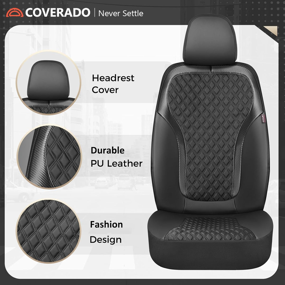 Coverado Front Seat Covers, 2-Pack Luxury Diamond Leather Car Seat Cover with Carbon Fibre Weave, Spill-Proof Driver Car Seat Protectors, Waterproof Seat Covers Universal Fit for Most Cars, Black