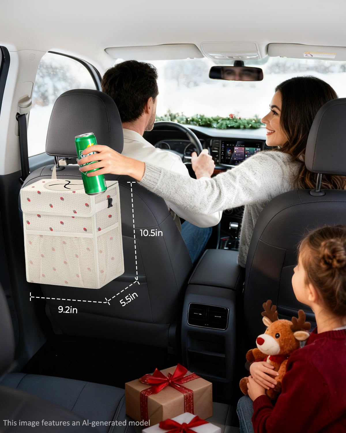 Corduroy Car Trash Can with Lid and Mesh Pockets - Leakproof Organizer,Multipurpose Waterproof Garbage Can/Trash Bin for Car(Off-White Base with Red Strawberry Print-2 Gallons)