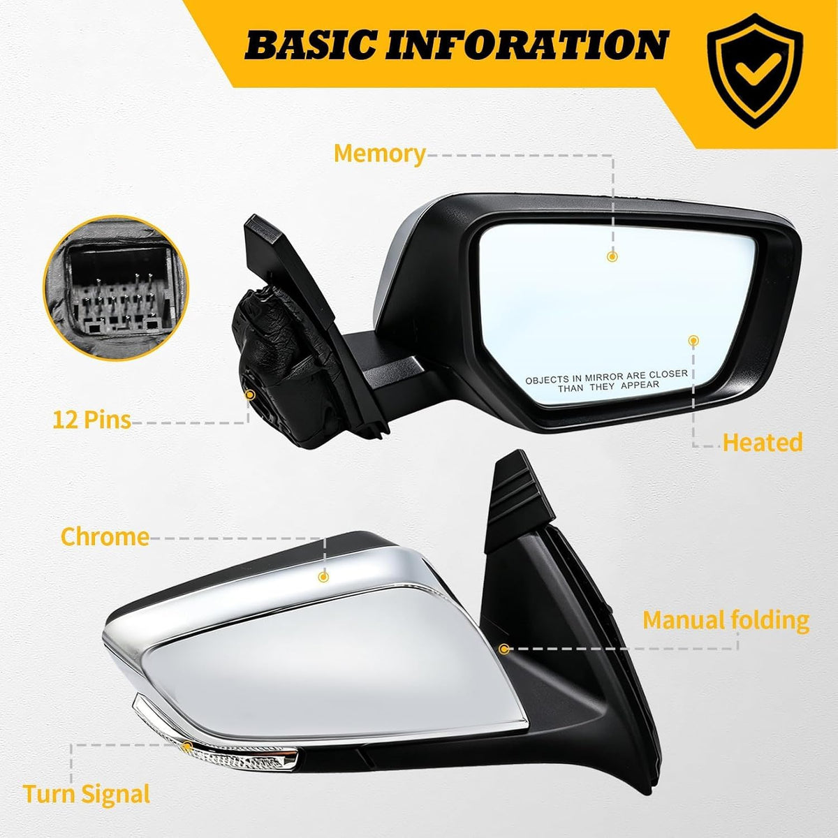 Right Mirror Assembly Compatible with Impala 2014-2020 12 Pins