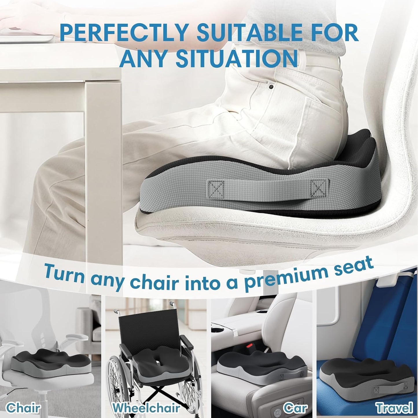 Memory Foam Seat Cushion for Office Chairs, Car Seat, Wheelchair, Desk Chair Pad - Extra Large Ergonomic Sciatica Coccyx & Tailbone Pain Relief Back Support Pillow for Long Sitting & Driving