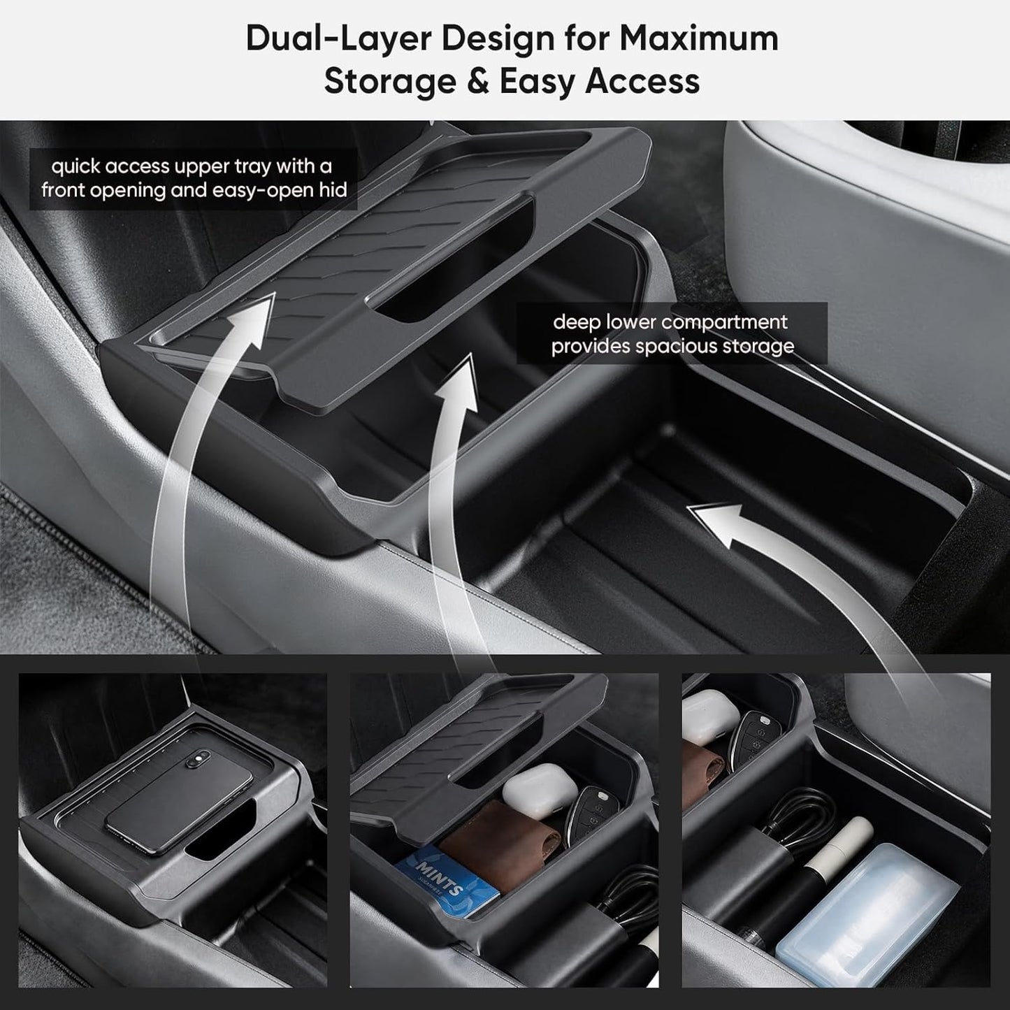 Center Console Organizer with Cup Holder for Tesla Model Y Juniper Standard Version 2025+,Insert Tray with Easy-Open Lid, Dual-Layer with Quick Access & Deep Storage, Easy Install & Removable