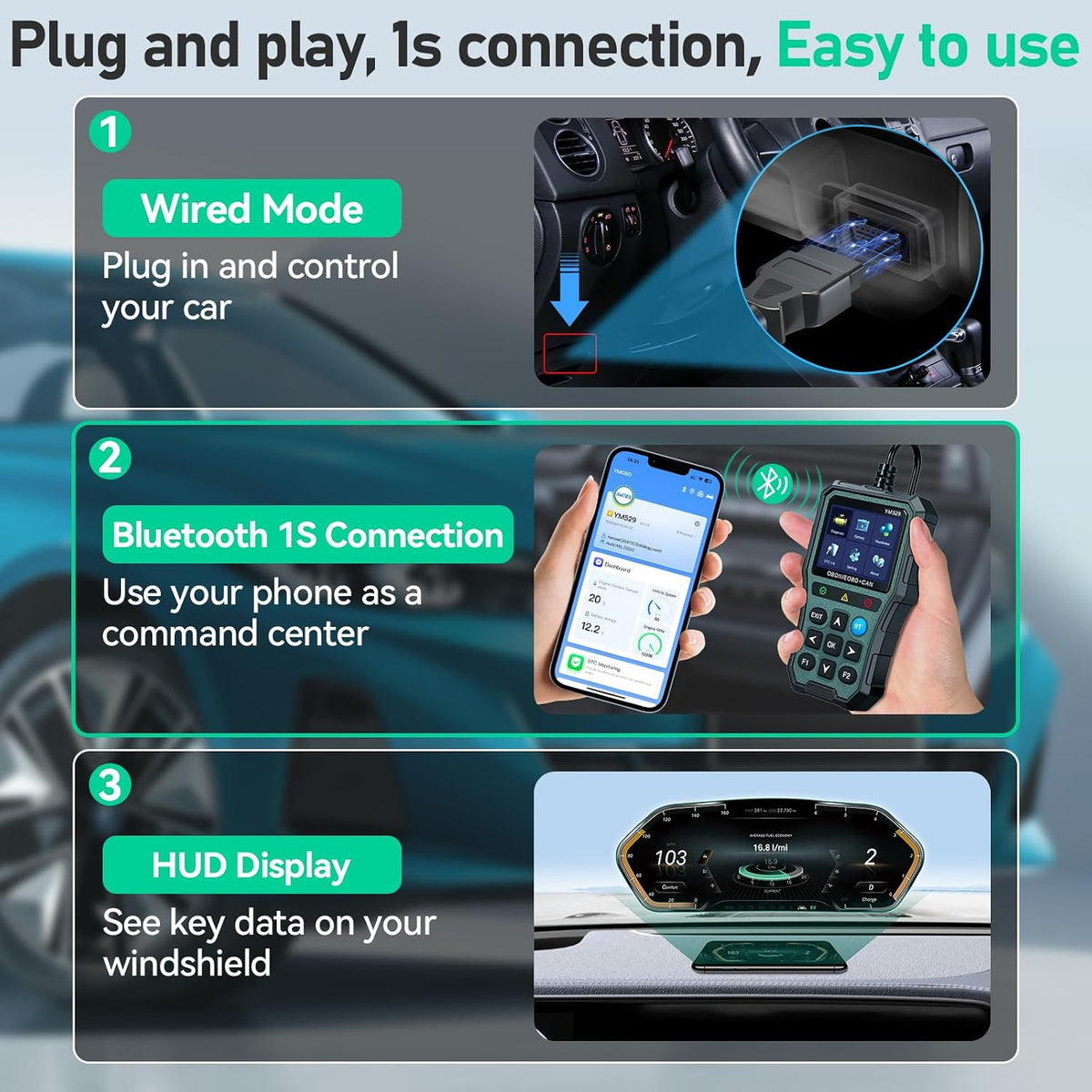 AMTIFO OBD2 Scanner Bluetooth Diagnostic Tool - iOS/Android Compatible, Real-Time Data, Battery Tester, Plug and Play, Emissions Readiness for Car Owners & Mechanics(Army Green)