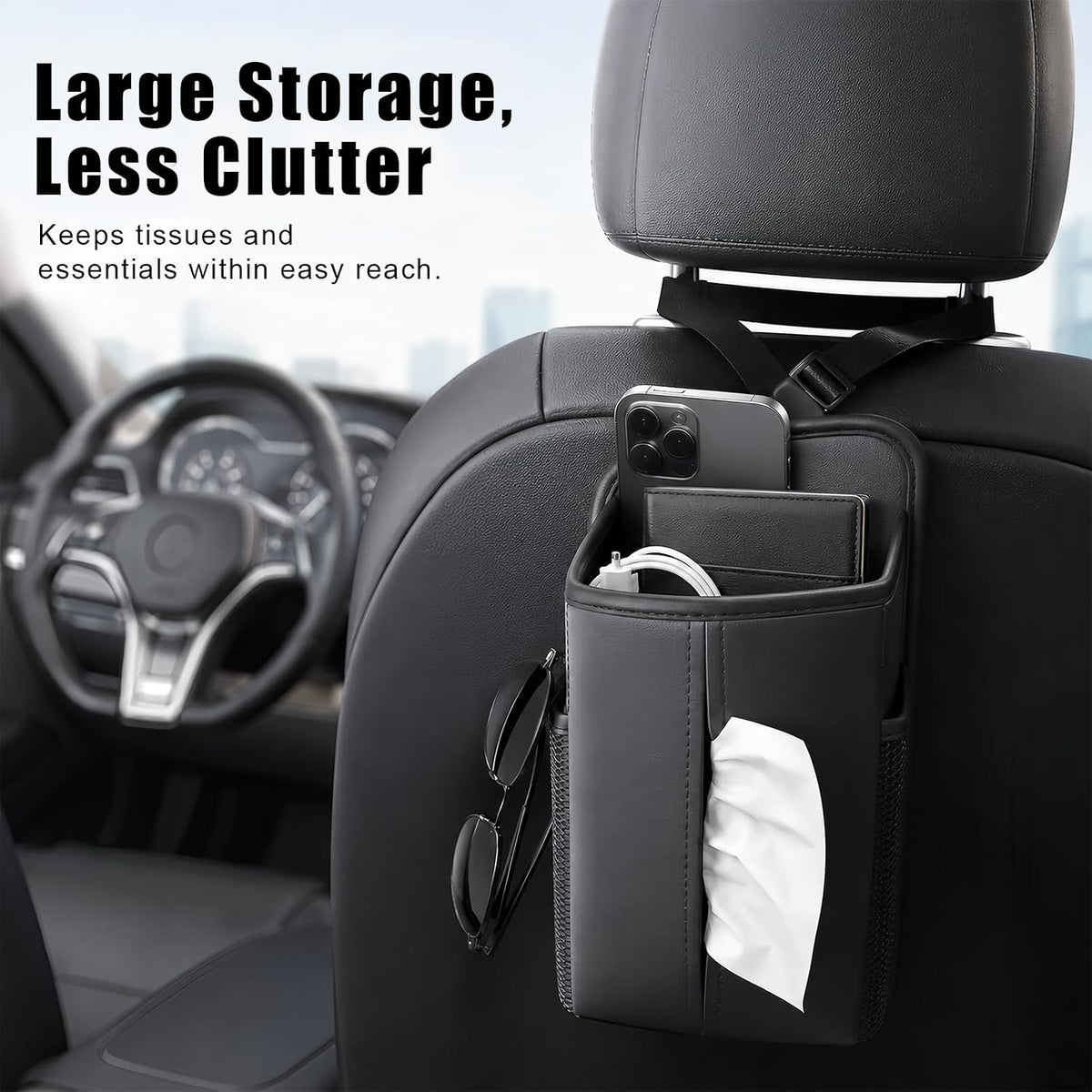 Car Tissue Holder, Waterproof PU Leather Tissue Box Cover with Mesh Pockets, Rectangular Napkin Holder Hanging Car Storage Organizer for Vehicle Front Seat, Fit for SUV Truck Van