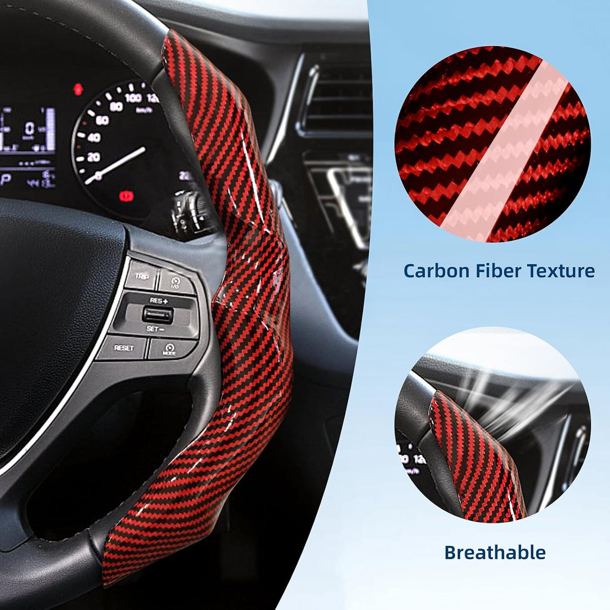 Carbon Fiber Steering Wheel Cover 2PCS Segmented Clip-on Protector (Red)