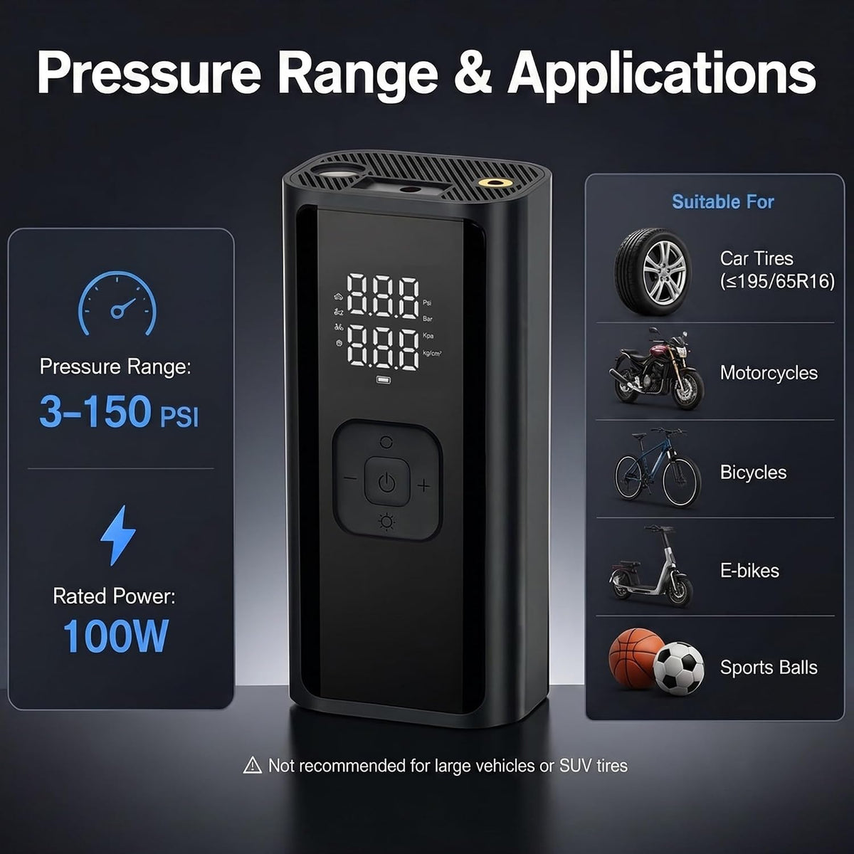 Tire Inflator Portable Air Compressor, 150 PSI 12V DC Corded Car Air Pump with Auto Shut-Off, Digital Display, LED Emergency Light, 3m Power Cord for Car, Motorcycle, Bike, Balls