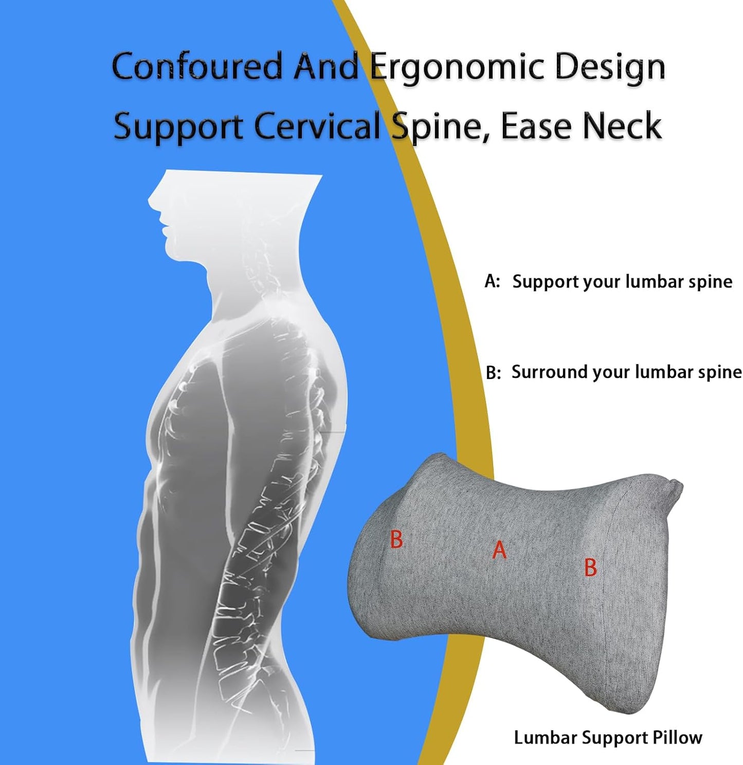 Lumbar Support Pillow for Car, Car Neck Pillow Kit for Pain Relief with Adjustable Strap, Car Headrest Pillow Ergonomic Design for Comfort