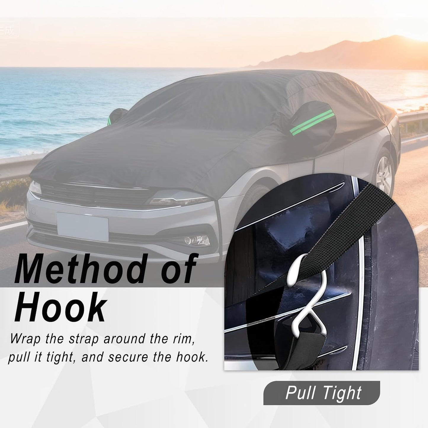 Half Car Cover Waterproof All Weather, Sunproof Windshield Cover for Ice and Snow Top with Reflective Straps, Front Rear Window Hail Protector for Sedan (3 XL)