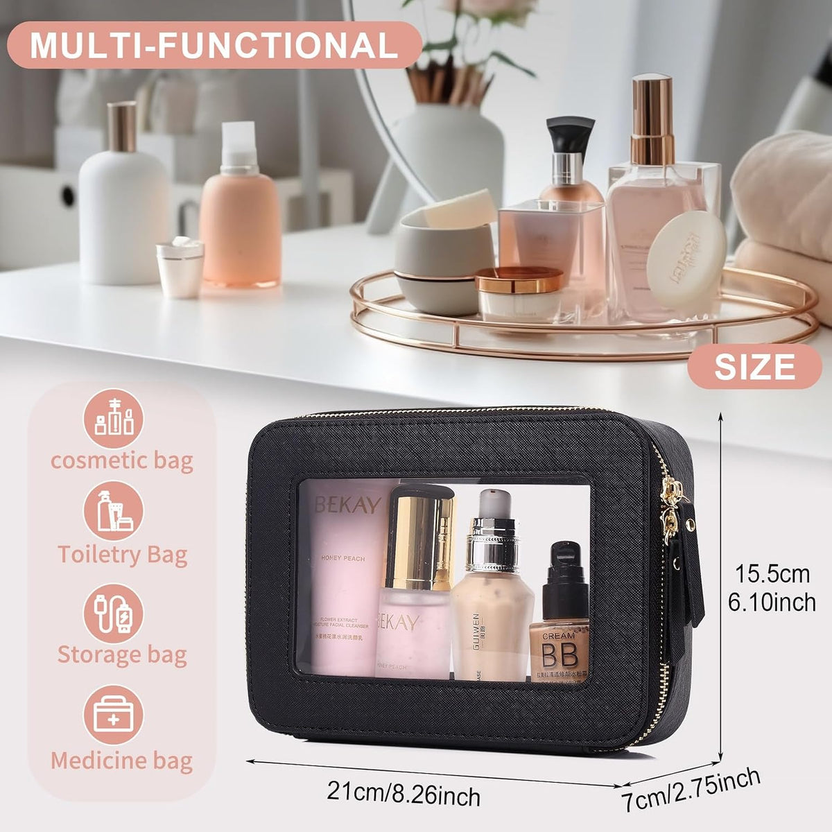 Pinkmik Clear Makeup Bag, (Black, M)