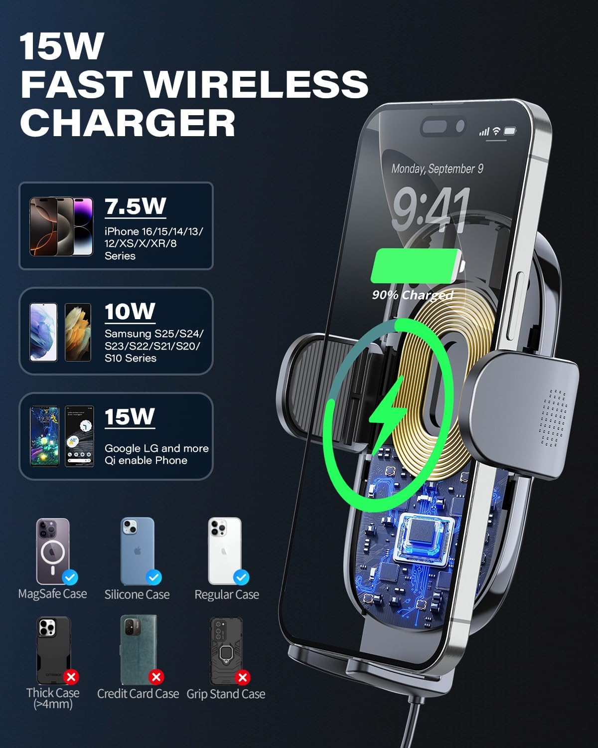 1Zero Solid Car Truck Phone Mount Holder 14" Arm Upgraded Wireless Charger