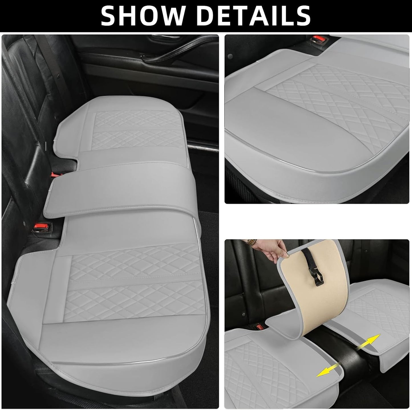 SanQing Car Seat Cover for Rear Car Seat Bottom,Luxury PU Leather Seat Cushion Protector Auto Interior Seat Cover Without Backrest,Full Wrapping Edge Works with Sedan SUV Pickup Minivan (Gray Rear)