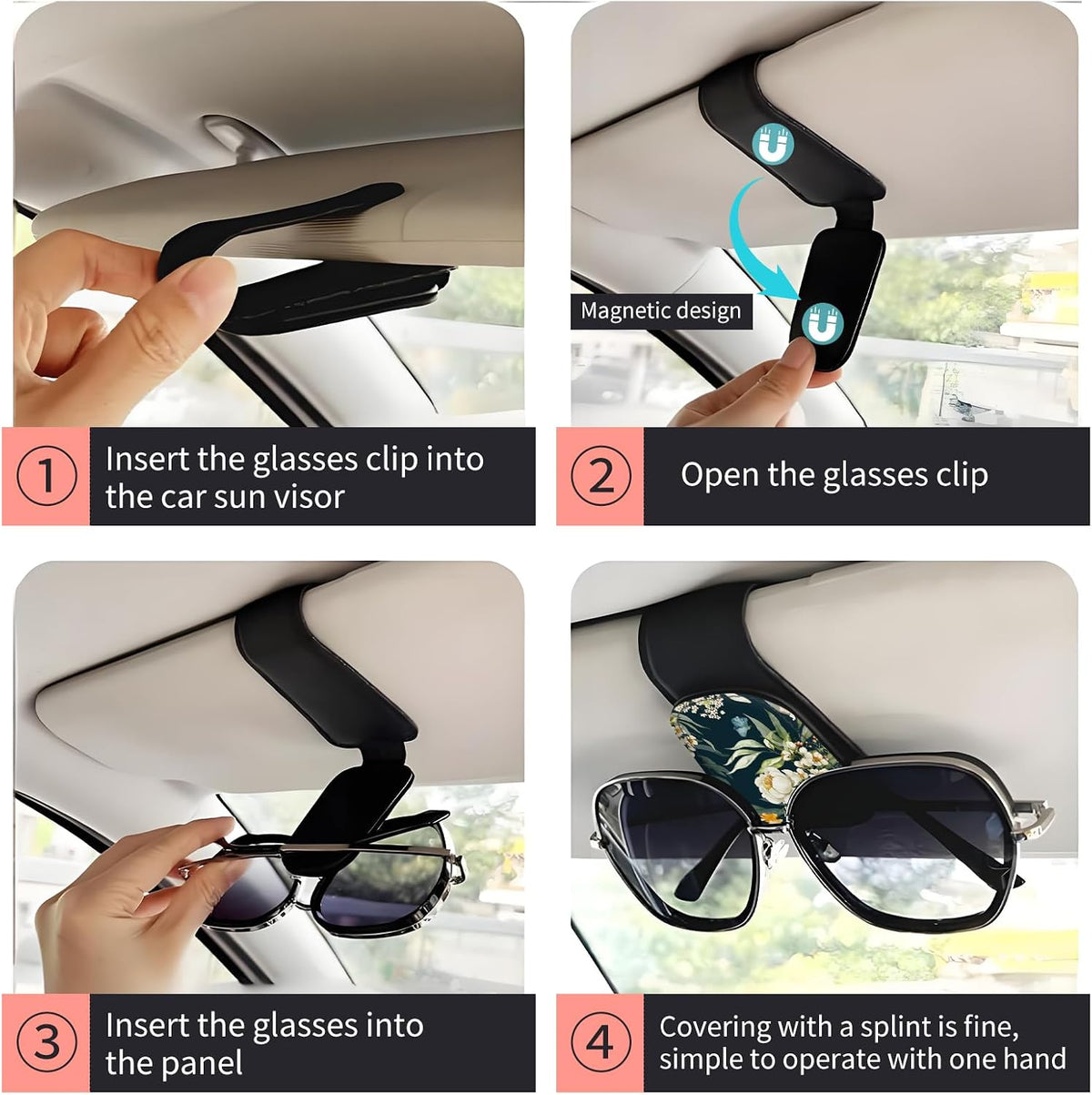 Sunglasses Holder for Car Visor, PU Leather Glasses Clip Organizer, Cute Magnetic Eyeglass Holder for Vehicle Sun Visor, Car Interior Accessory for Women & Men Dark Floral Lily