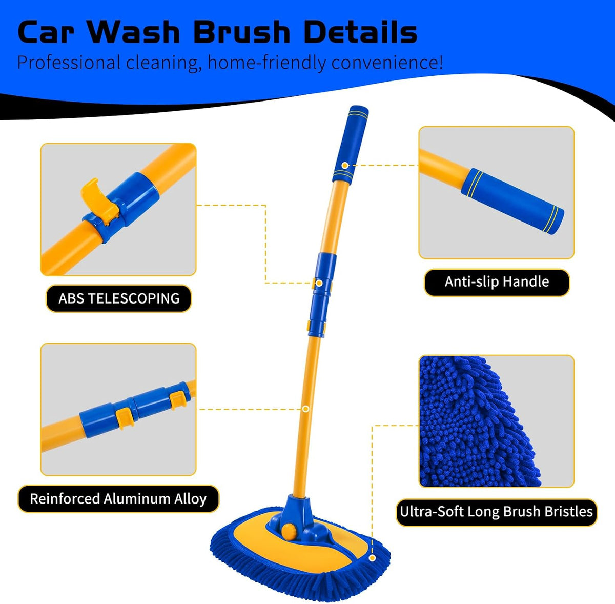 Ordenado 15° Curved Car Wash Brush with Long Handle, Scratch-Free Mop Head