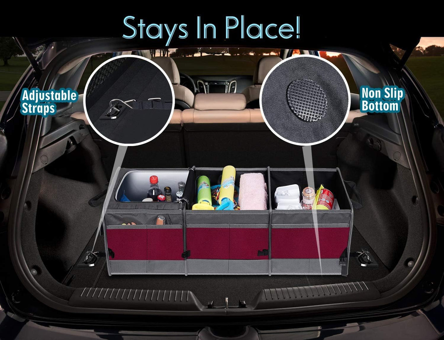Trunk Organizer with Cooler, Collapsible Trunk Storage Container with Non Slip Bottom Strips, Large Multi-Compartment Waterproof Car Trunk Organizer Groceries for Vehicle Sedan, SUV, Van(Wine Red)