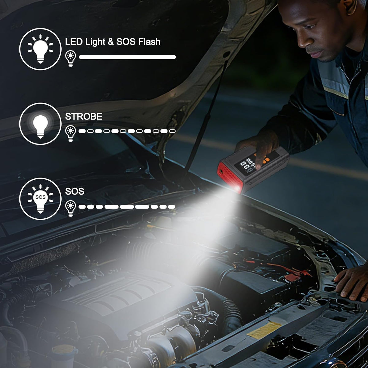 Portable Car Jump Starter with Air Compressor, 14.8V 2000 * 4mAh Battery Booster, 150PSI Tire Inflator, Power Bank & LED Flashlight for Roadside Emergencies & Travel