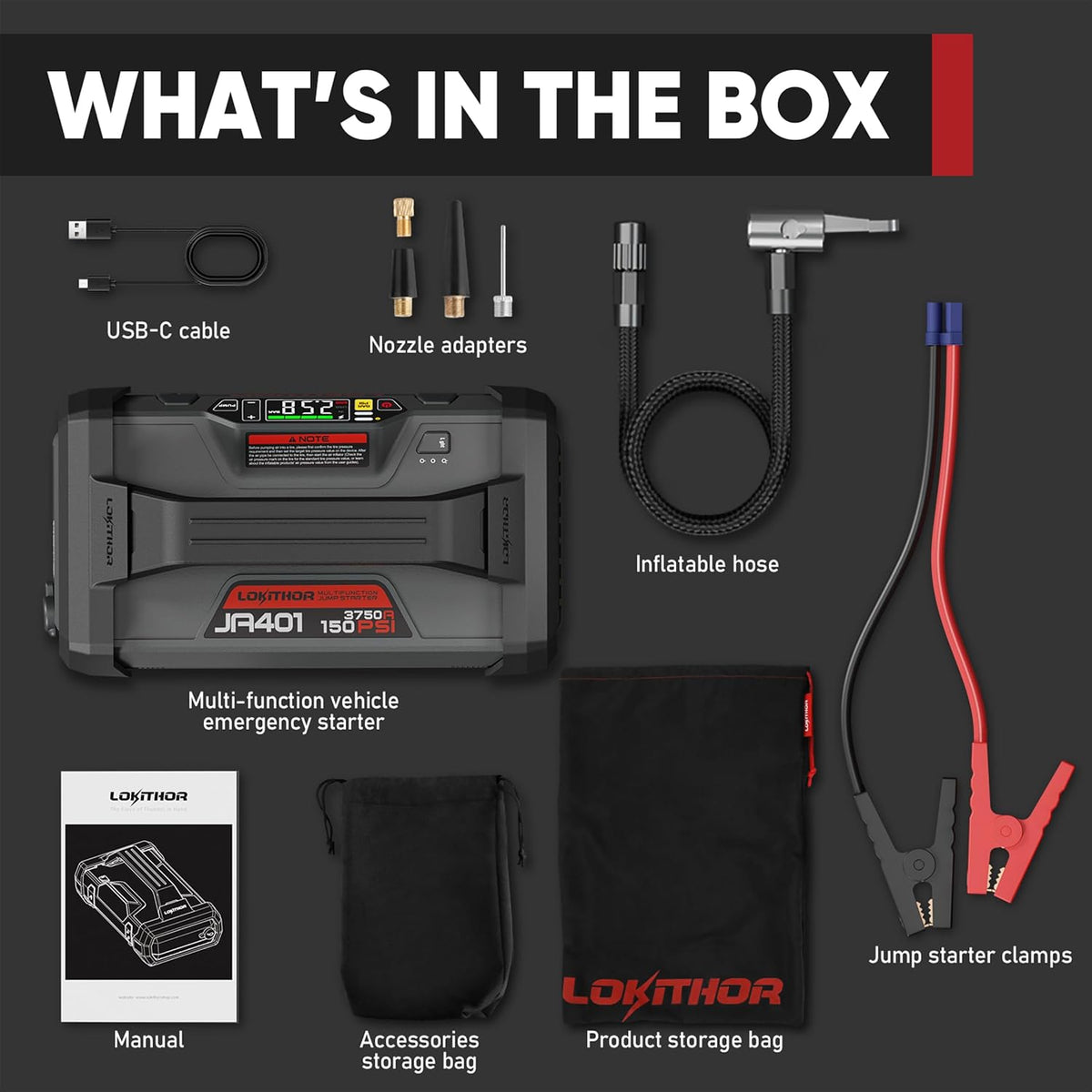LOKITHOR JA401 Jump Starter with Air Compressor(10.0L Gas & 8.0L Diesel)