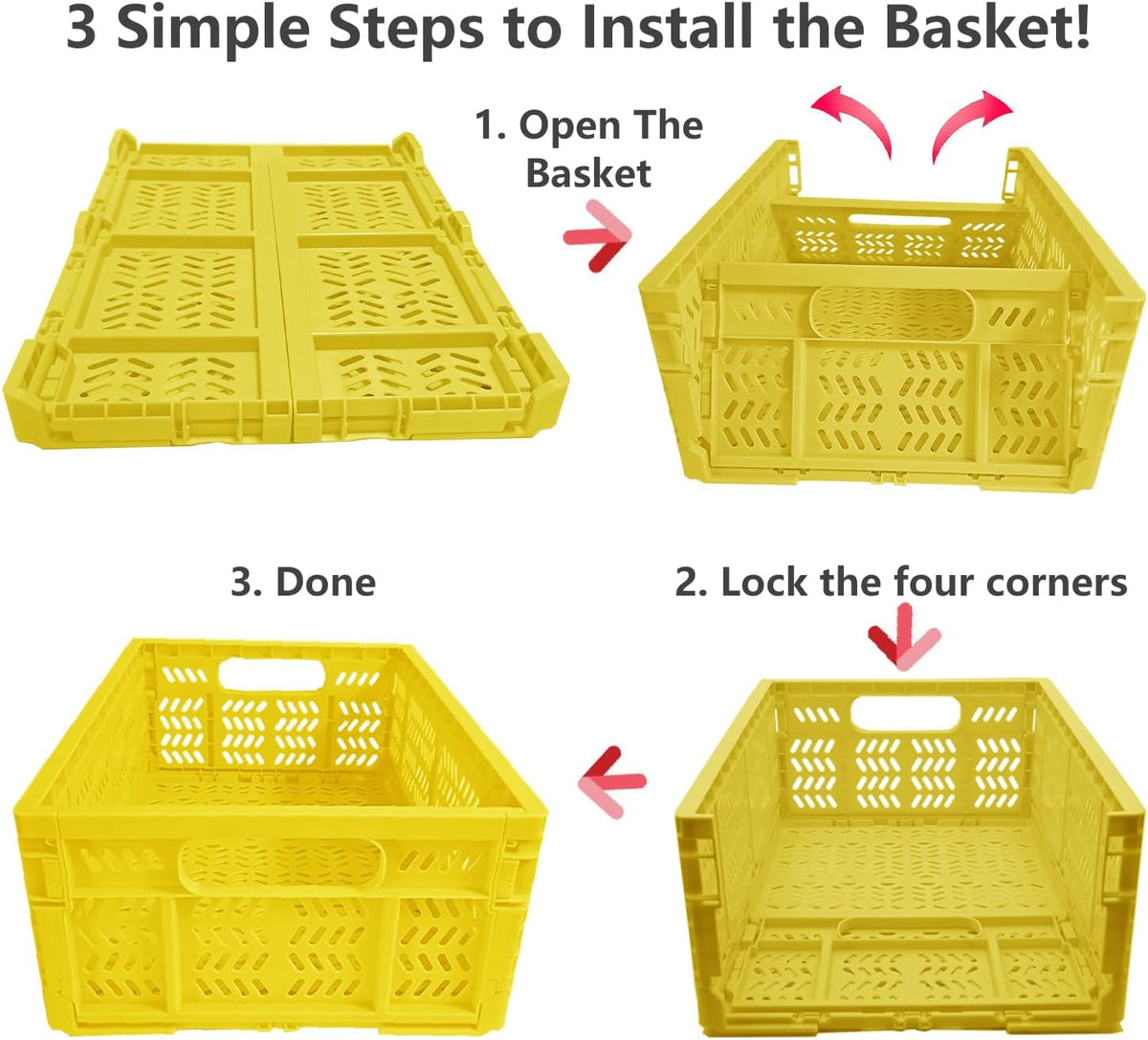 20L Folding Crate, 4Pack Plastic Storage Baskets Organizer for Home and Office,Collapsible Storage Crates for Home Office and Outdoor Organizer.(Yellow)
